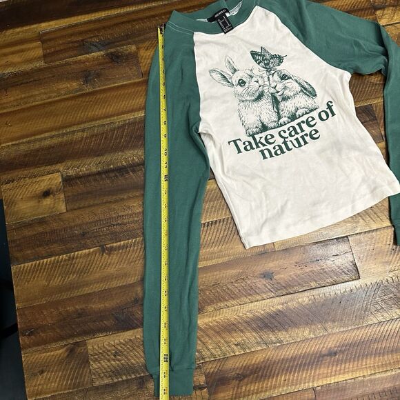 Forever 21 Size Medium Graphic Tee Baseball Raglan Sleeves Take Care of Nature - Picture 7 of 8